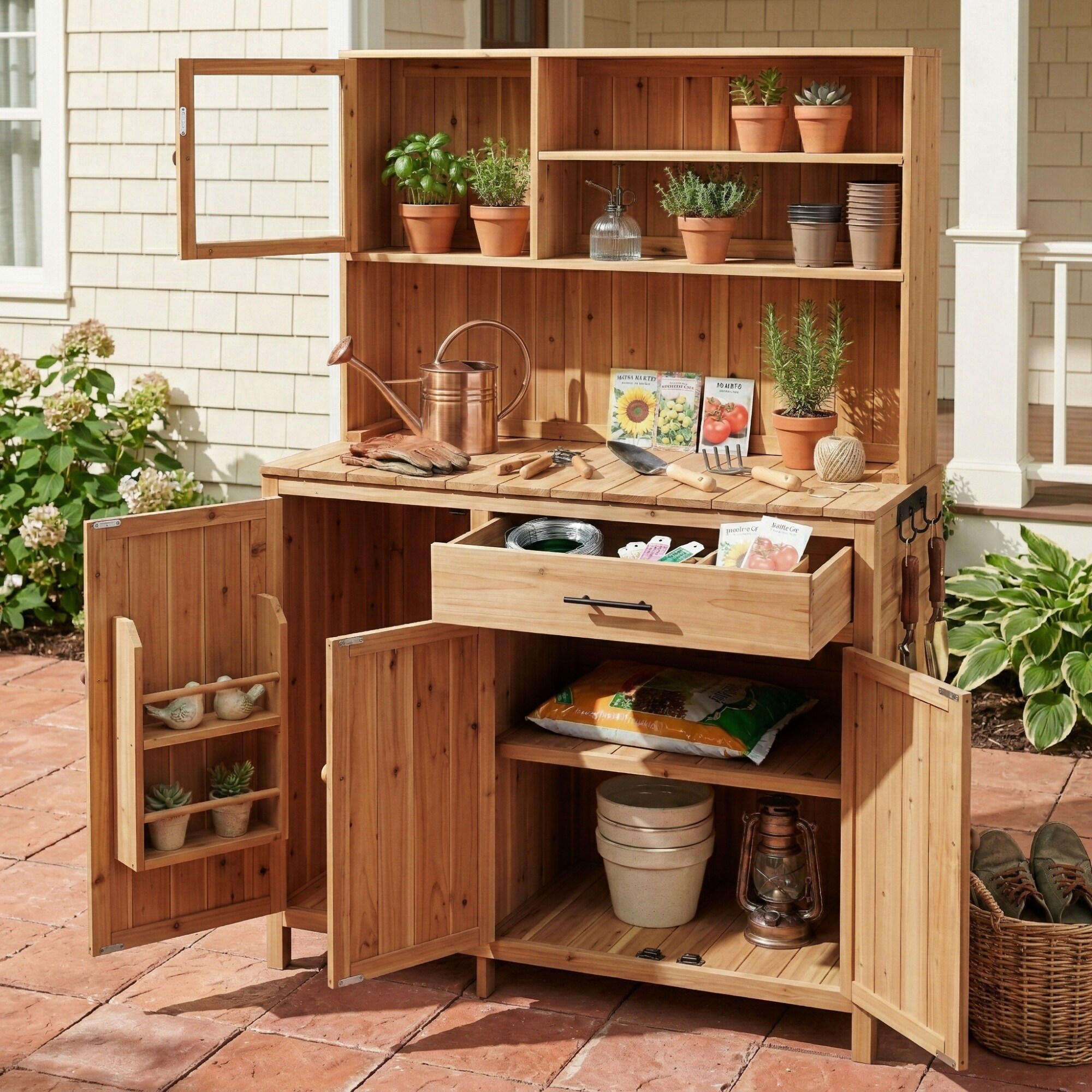 Roomfitters 65" Garden Potting Bench with Storage Hutch, Outdoor Potting Table & Prep Station, Drawer, Cabinet, Shelves