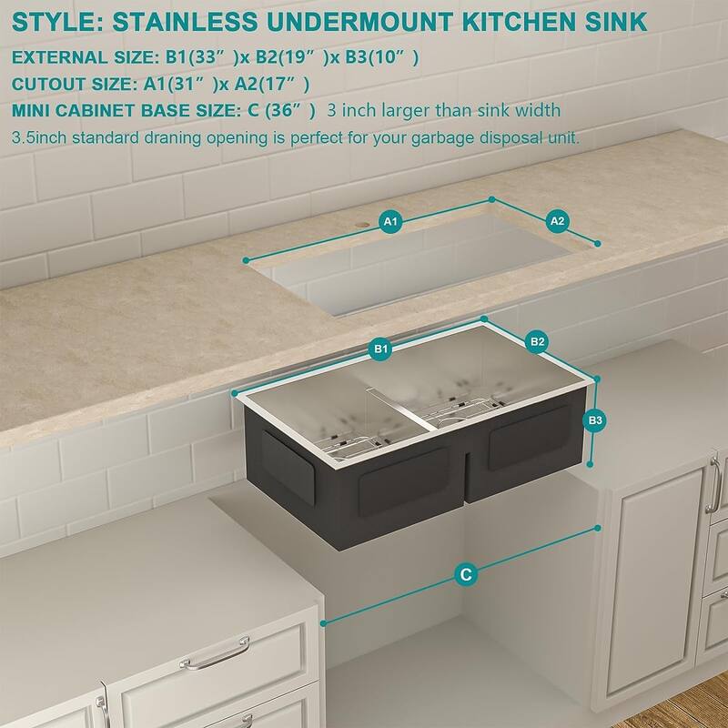 33x19 Undermount Double Bowl Kitchen Sink (50/50) in 18 Gauge Stainless Steel with 9 Inch Deep basin - 33*19*9