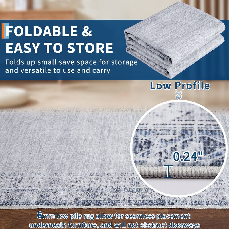 Vintage Bordered Area Rug Washable Area Rug Non-Slip Low Pile Throw Carpet for Living Room Bedroom Dining Room