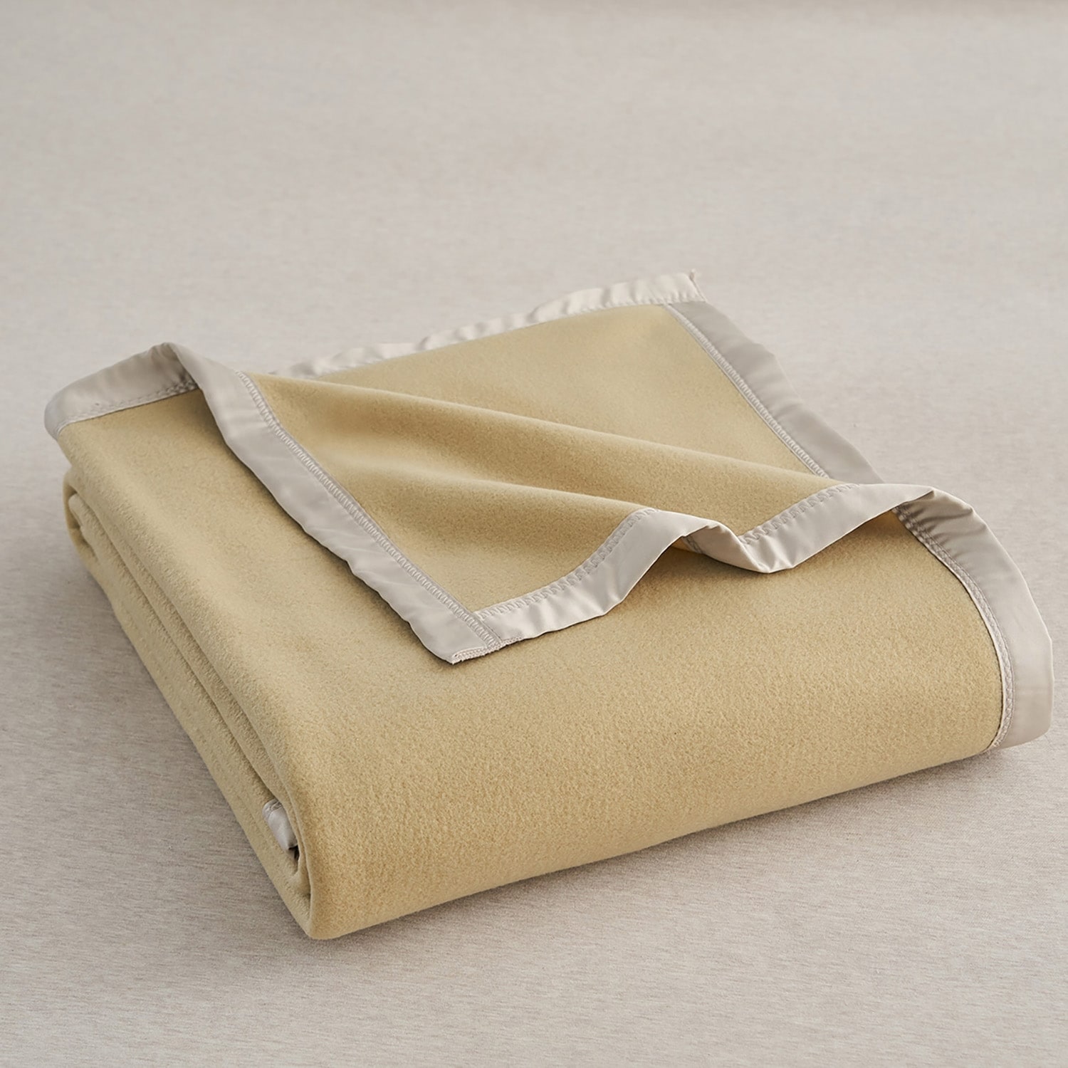 Solid Fleece Blanket with Satin Trim Queen King Size Throw Pale Khaki