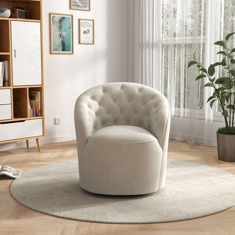 SEYNAR Modern Velvet Upholstered 360 Degree Swivel Barrel Chair with Button Tufted Back - Beige
