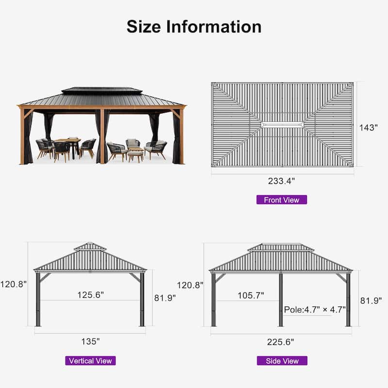 PURPLE LEAF Hardtop Gazebo Galvanized Steel Roof Gazebo Pergola w Wooden Coated Alumninum Frame and Mosquito Net