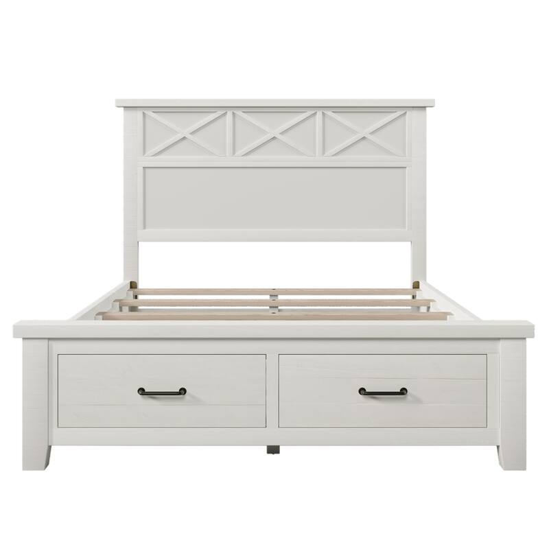 Rustic Farmhouse Style Queen Size Panel Bed with 2 Drawers, Solid Wood