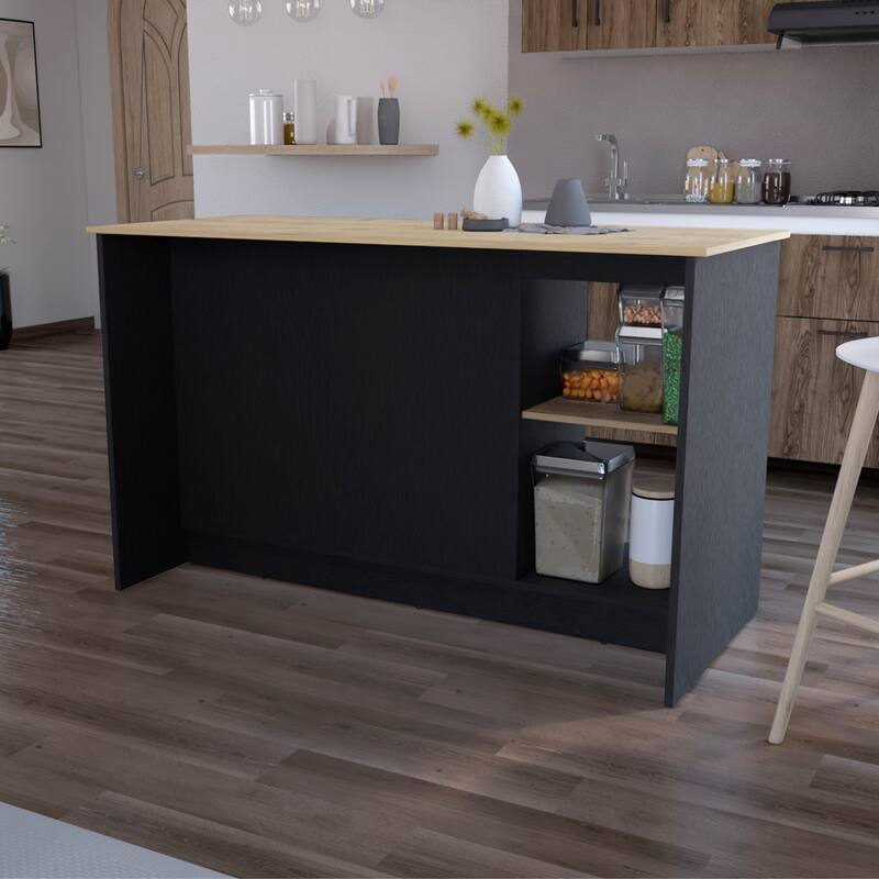 59" Kitchen Island with Large Countertop, Double-Door Cabinets, and Open Shelves, Ideal for Storage & Workspace