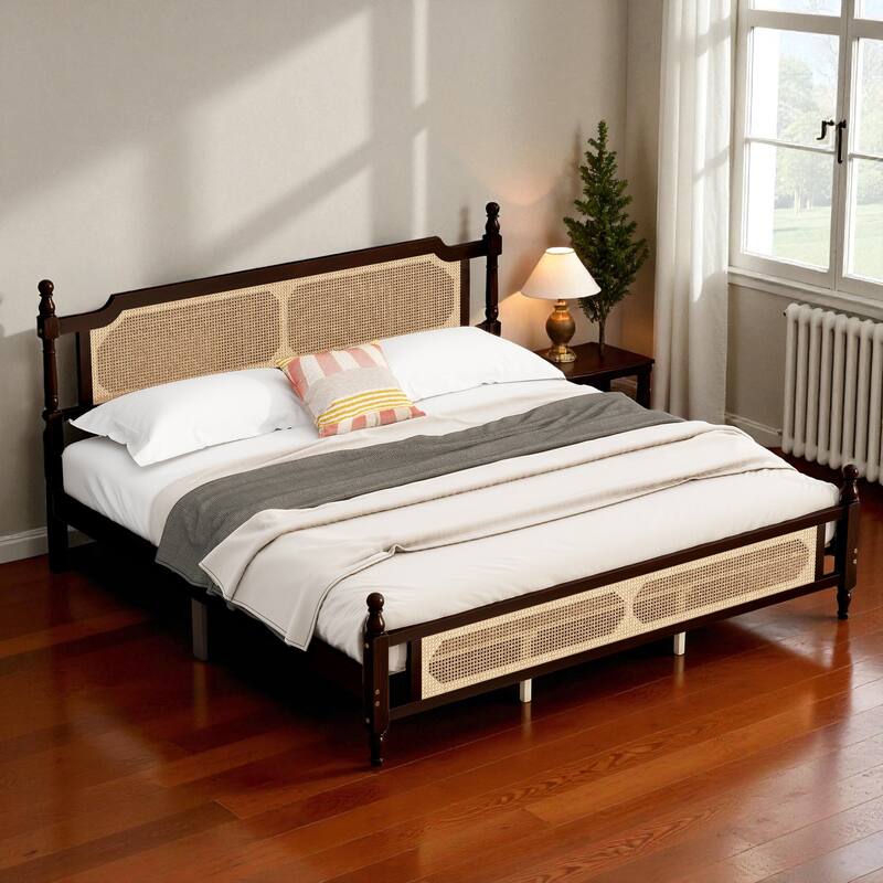 Queen/King Size Pine Wood Bed with Rattan Headboard and Footboard, Solid Frame with Central Support and Under-Bed Storage - Espresso - King