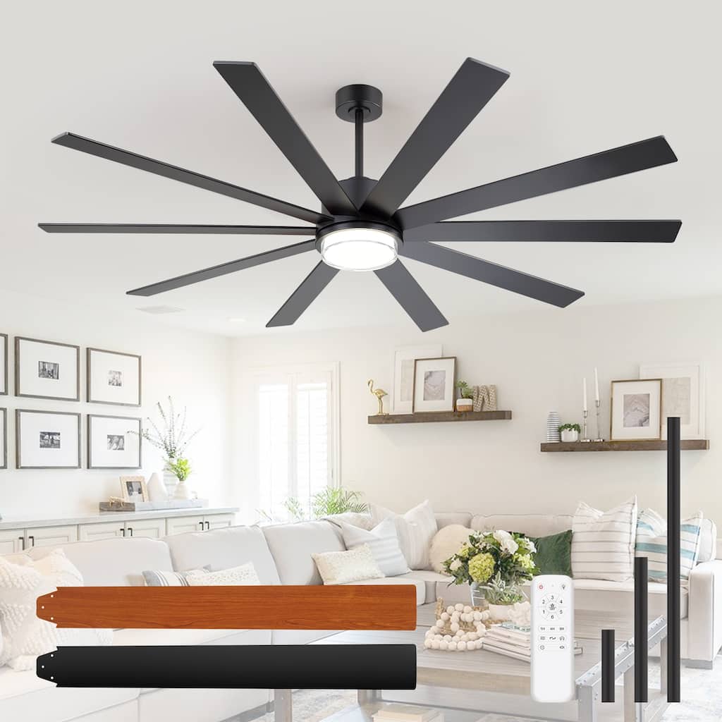 72 In LED Ceiling Fan with Light, 10-Blade Quiet DC Motor, Dual-Finish Blades, Remote Control, 6 Speeds, Timer - 72 in