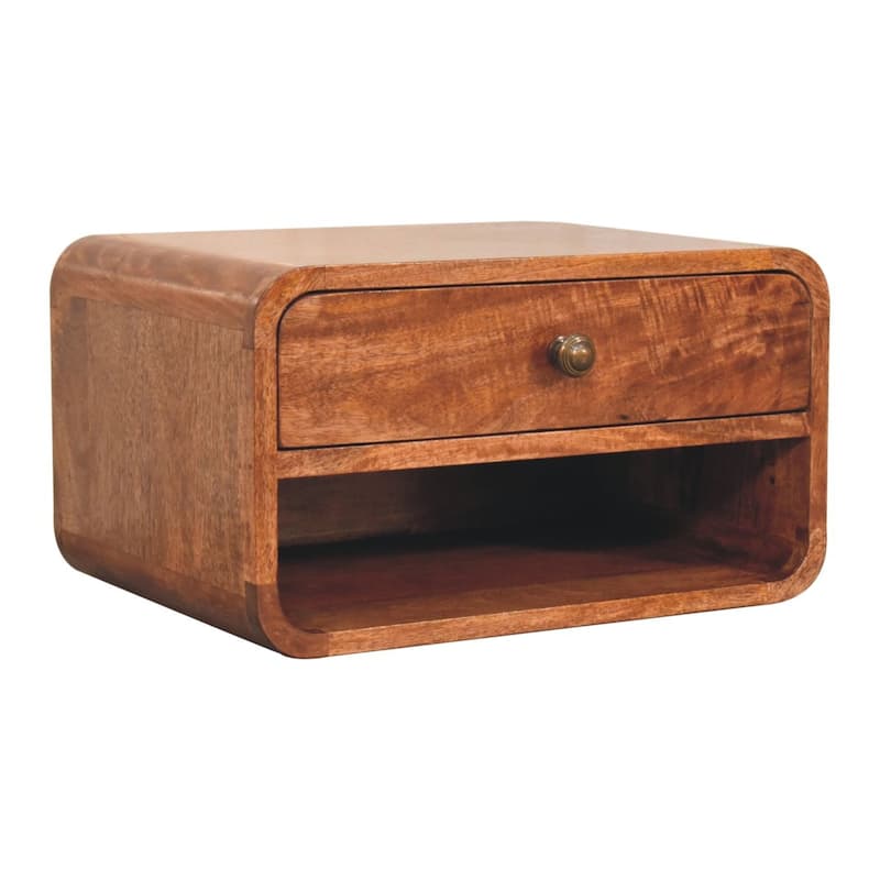 Artisan Furniture Solid Wood Curved Honey Caramel Wall Mounted Bedside with Open Slot