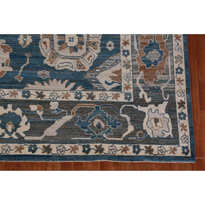 Hand Knotted Oriental 100% Wool Carpet Transitional All-Over Navy Blue & Blues Oushak Area Rug - 12' 4'' X 8' 11''