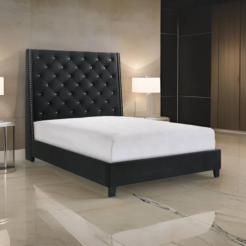Maze King Size Bed, Button Tufted, Nailhead Trim, Black Fabric Upholstery