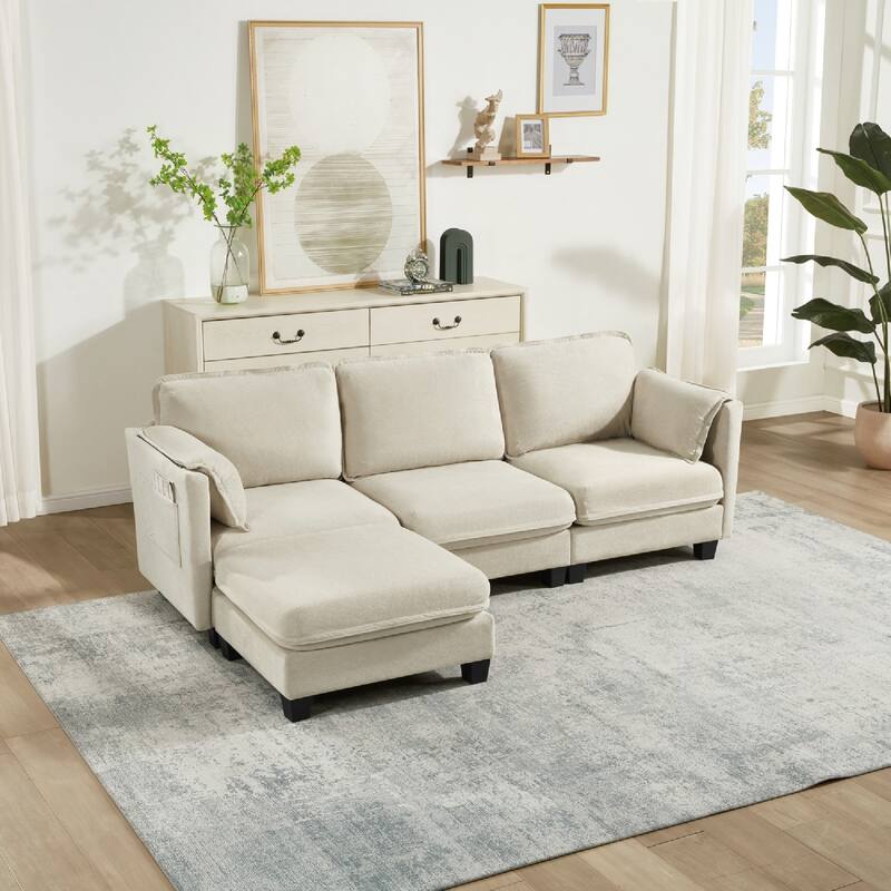 93.5" L-Shaped Cotton-linen Brushed Fabric Sectional Sofa with Ottoman