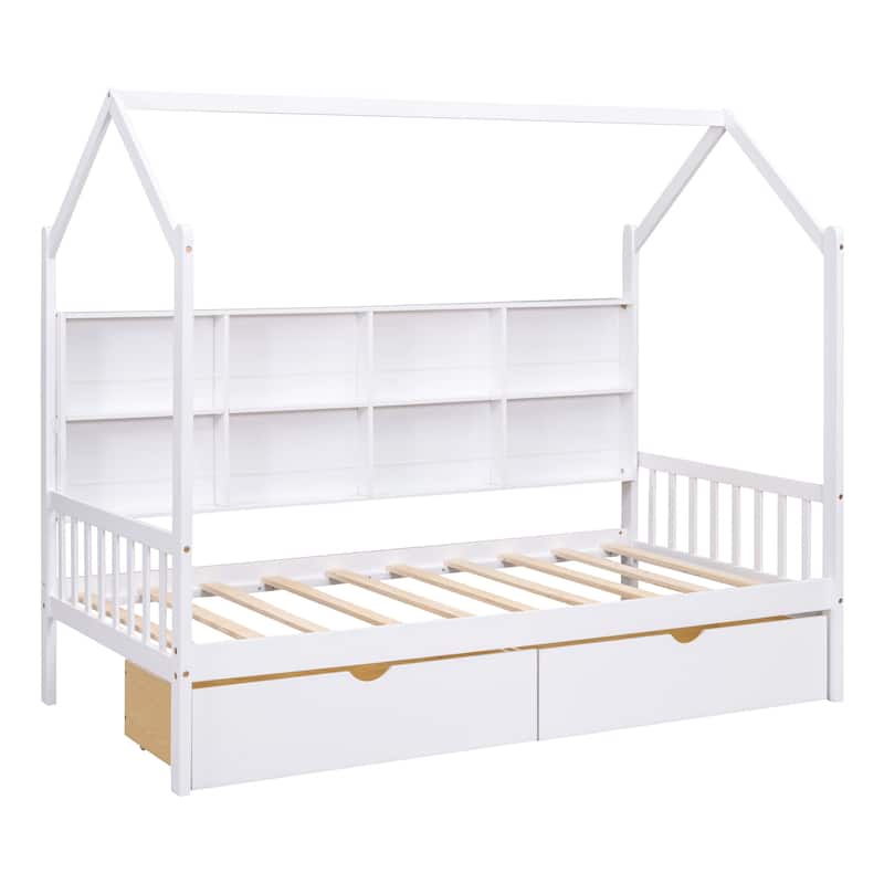 Wooden Twin Size House Bed with 2 Drawers,Kids Bed with Storage Shelf