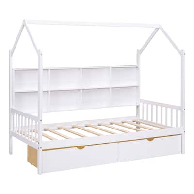 Wooden Twin Size House Bed with 2 Drawers,Kids Bed with Storage Shelf