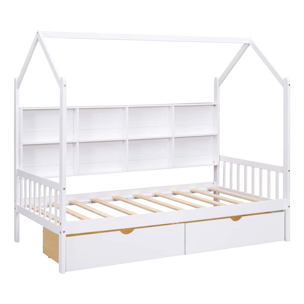 Wooden Twin Size House Bed with 2 Drawers,Kids Bed with Storage Shelf