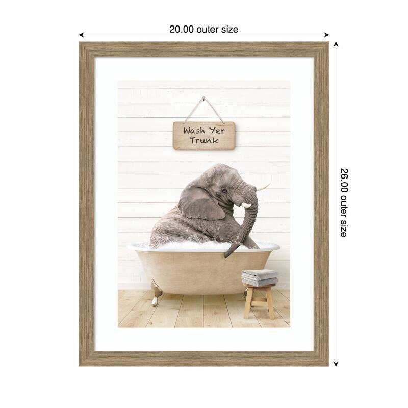 Kate and Laurel Young Elephant in Modern Bathtub Wash Your Trunk by Amy Peterson Framed Wall Art Print