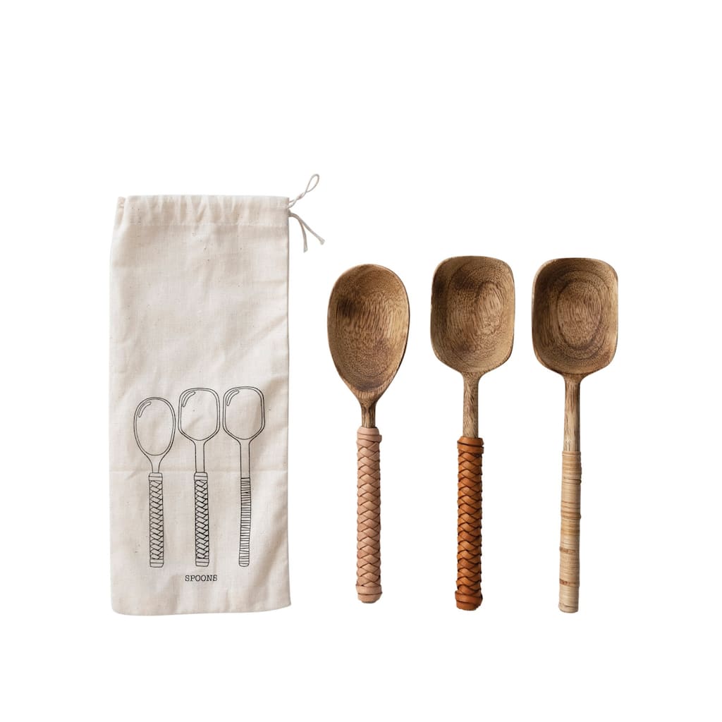 Mango Wood Spoons with Bamboo and Leather Wrapped Handles, Set of 3 in Printed Drawstring Bag