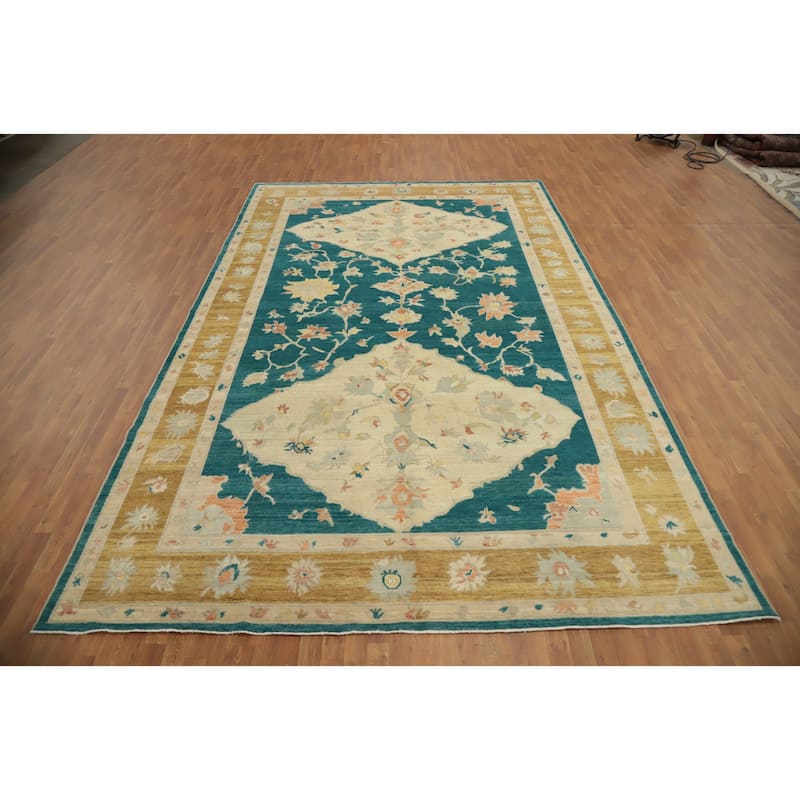 Hand Knotted Oriental 100% Wool Carpet Transitional Floral Green Oushak Area Rug - 14' 10'' X 9' 4''