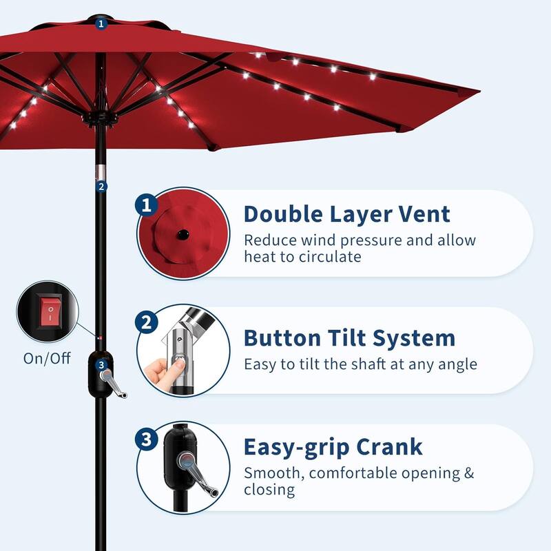 9 ft Patio Umbrella, 8 Sturdy Ribs, with Lights