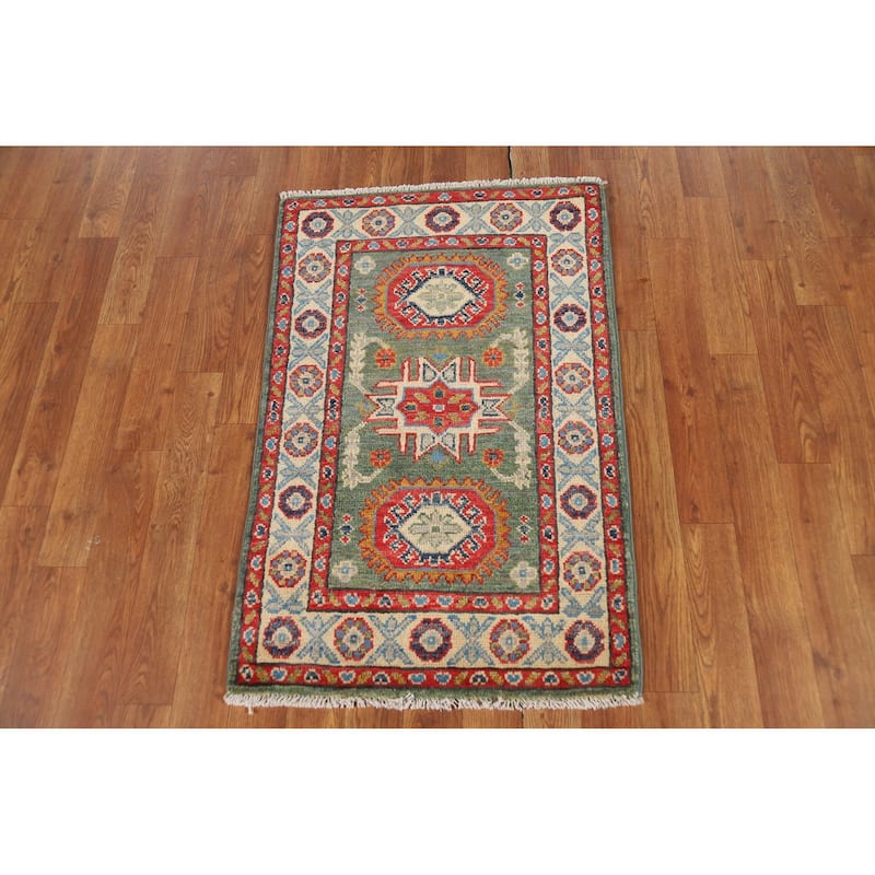 Green Geometric Kazak Oriental Foyer Rug Hand-Knotted Wool Carpet - 2'0" x 3'0"