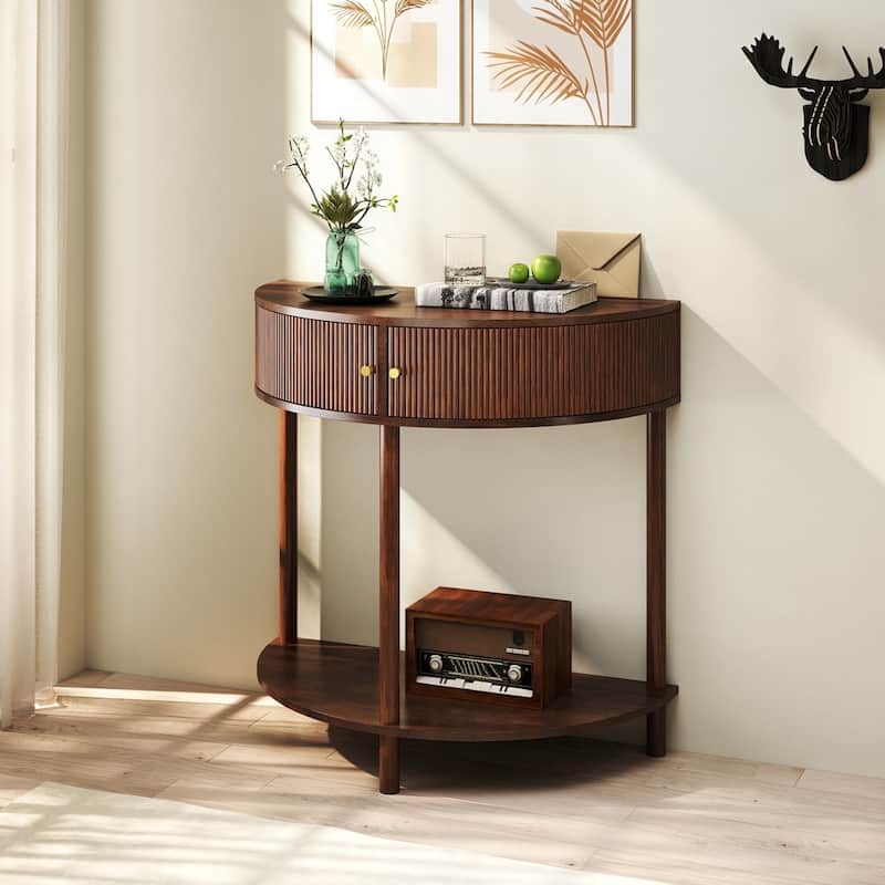 Half Moon Design End Table with Sliding Rattan Door