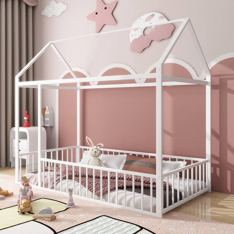 Kids' Twin/Full Metal House Bed Frame with Roof and Fence, Playful Sleep and Play Space, Sturdy Frame, Multiple Colors
