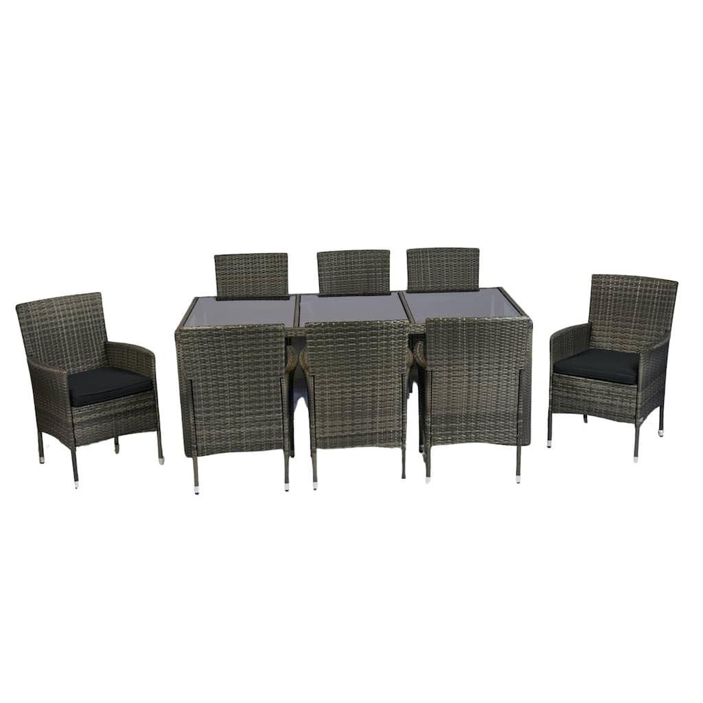 9 Piece Outdoor Wicker Dining Set All Weather Patio Dining Table and Chair Set with Glass Tabletop and Removable Cushions
