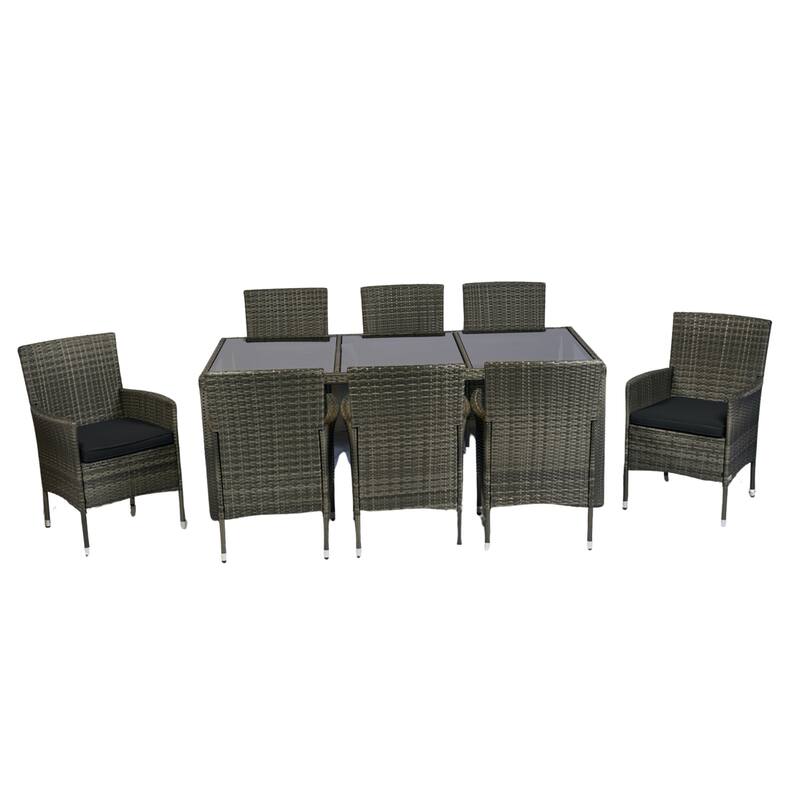 Outdoor Patio 9 Piece Wicker Dining Table Chairs Set Glass Table Top Casual Dining Table and 8 Removable Cushions Armchairs