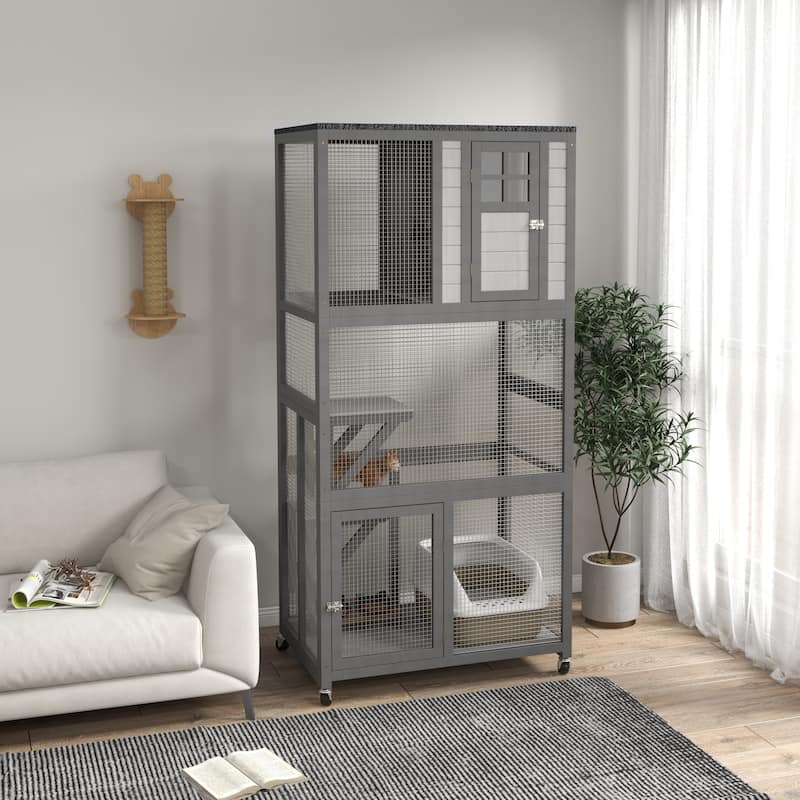 PawHut 74" Wooden Outdoor Cat House Catio Outdoor Cat Enclosure, Light Gray - Grey
