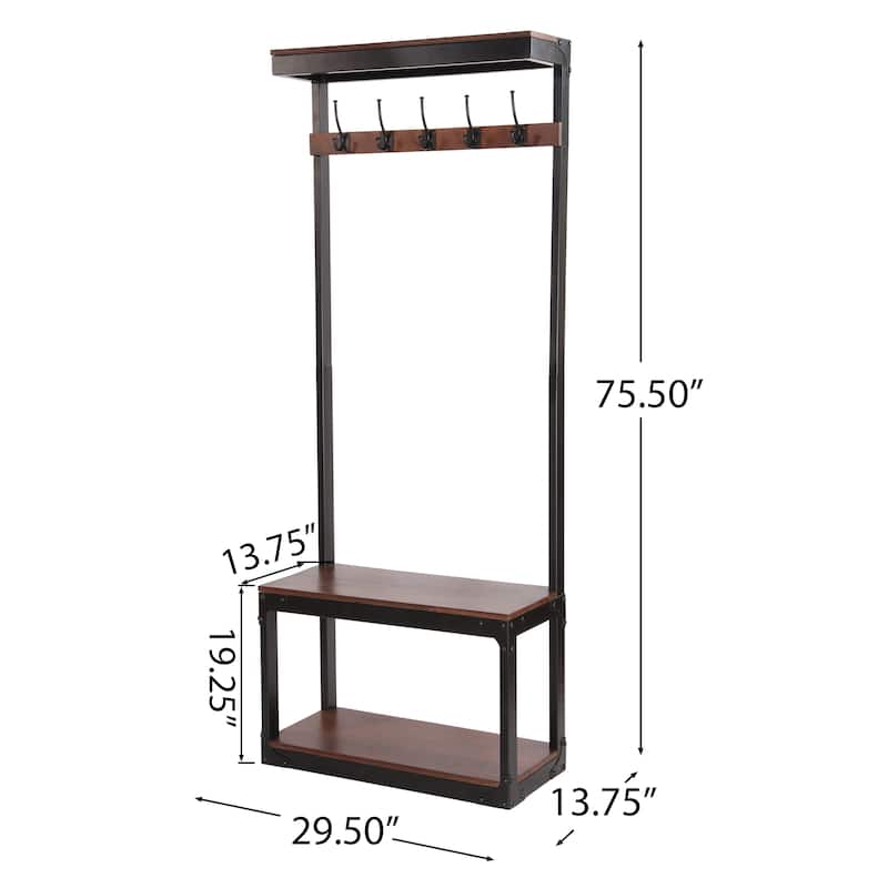 Roomfitters Industrial Hall Tree with Bench, Coat Rack with Hooks and Storage Shelf, Entryway Organizer Stand, Coffee