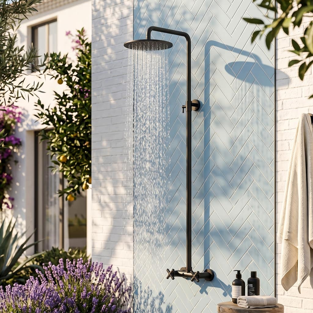 48"H Solid Brass Outdoor 10 Inch Round Rain Shower Set with Dual Cross Handle