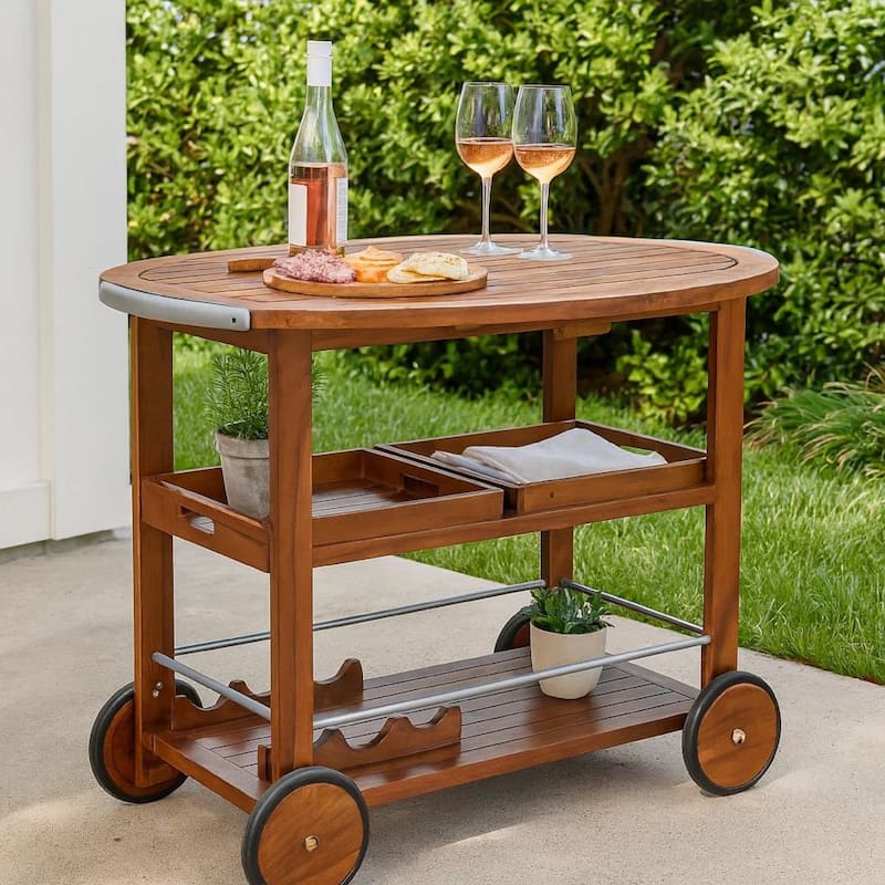 Rolling Bar Cart, 36 Inch Rectangular, 3 Tier, Oak Brown Wood, Silver
