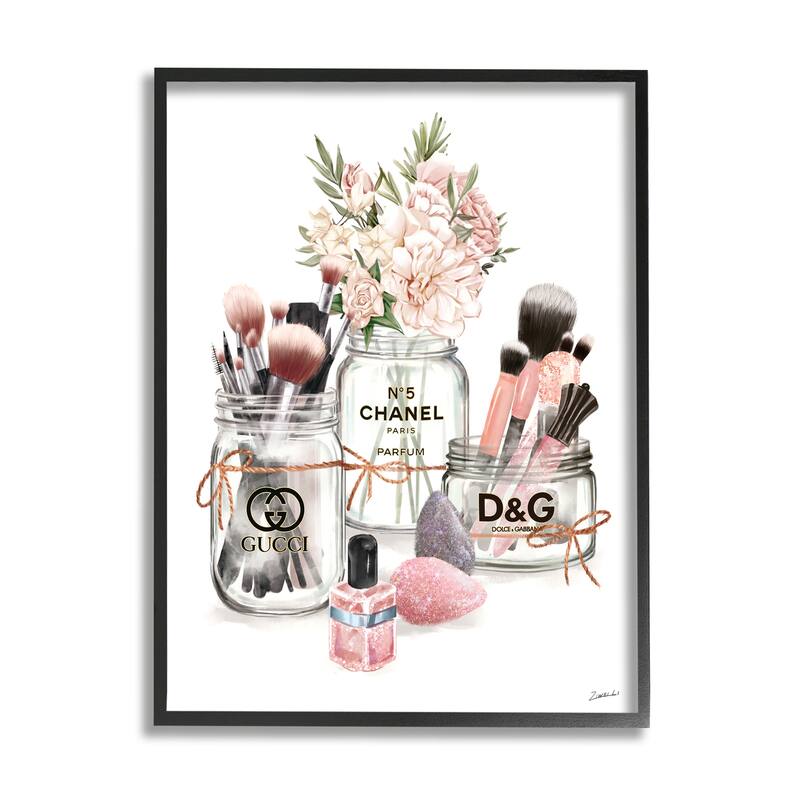 Stupell Fashion Cosmetic Brushes in Glam Jars Framed Wall Art - Pink - 11 x 14 - Black