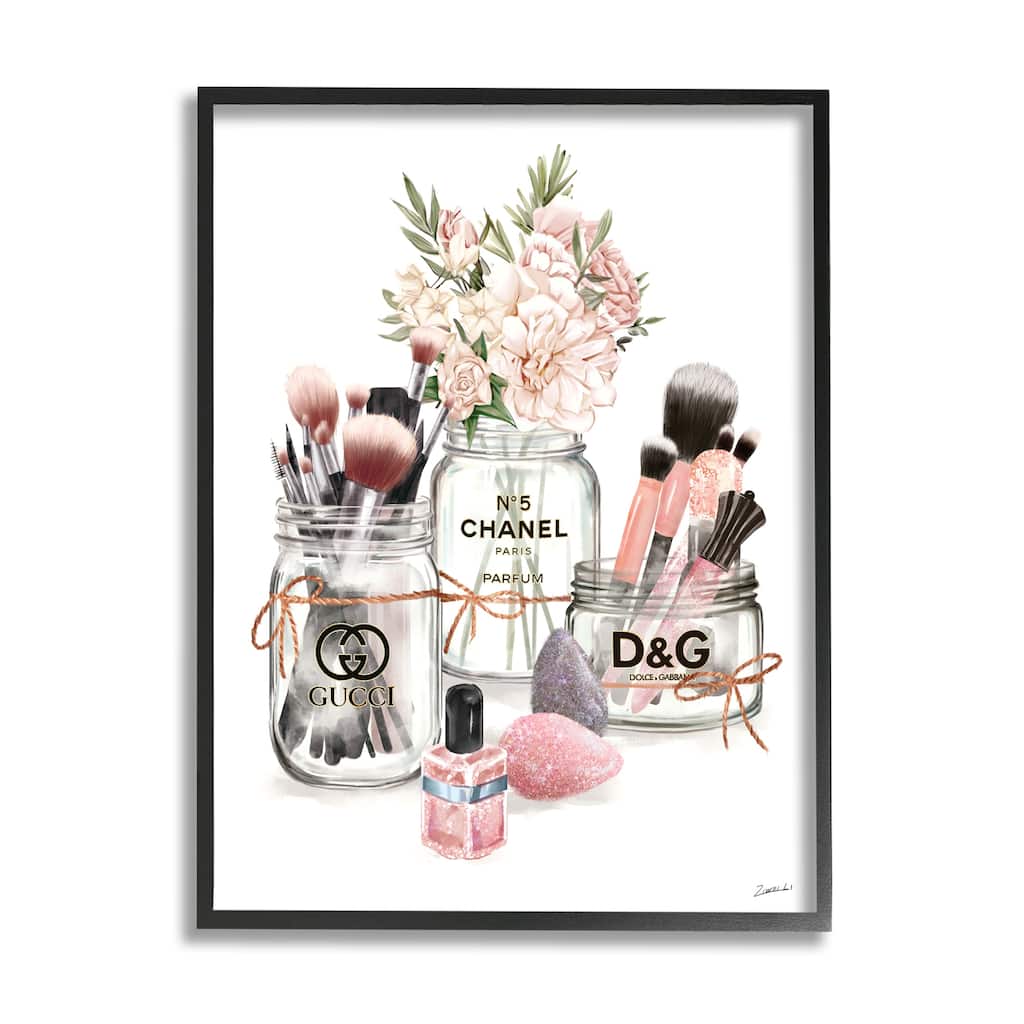 Stupell Fashion Cosmetic Brushes in Glam Jars Framed Wall Art - Pink