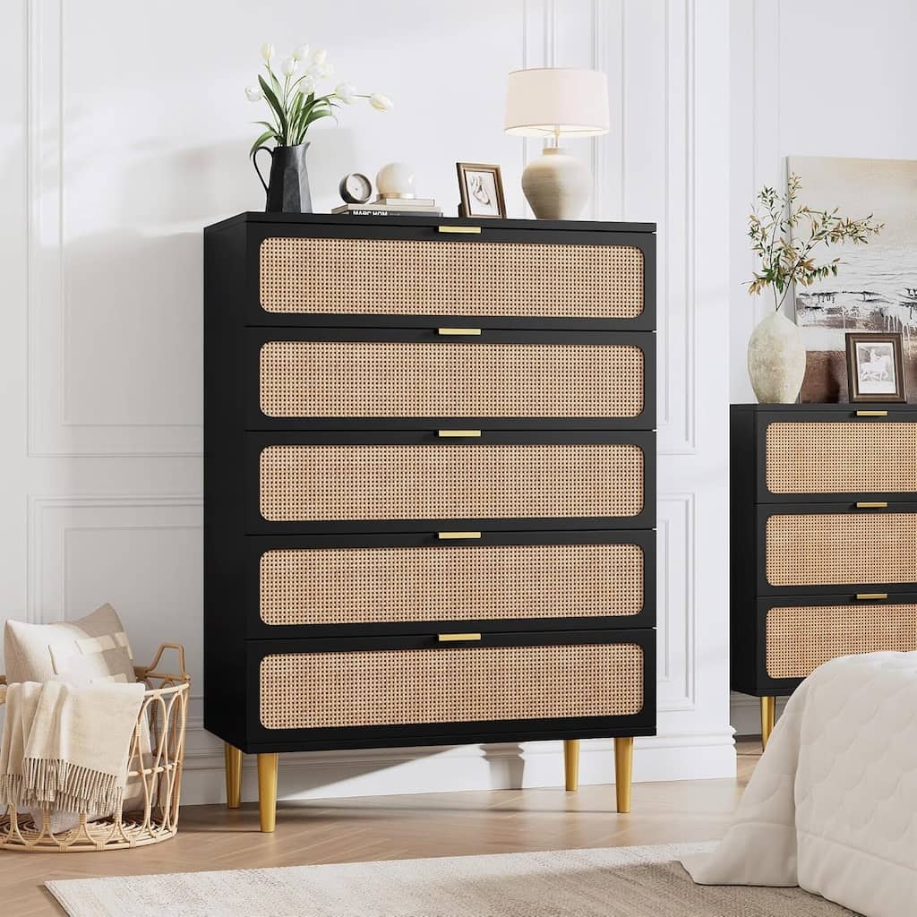 Rattan 5 Drawer Dressers for Bedroom, Hallway