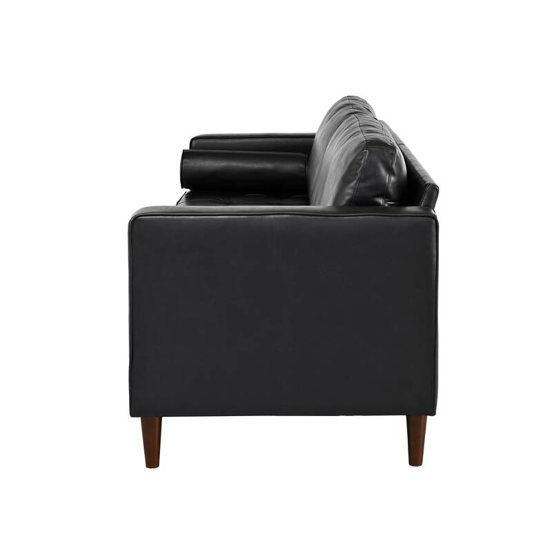 Mirod Mid-Century Modern PU Leather 3-Seat Sofa, Tufted Design, Solid Wood Legs, 2 Bolster Pillows