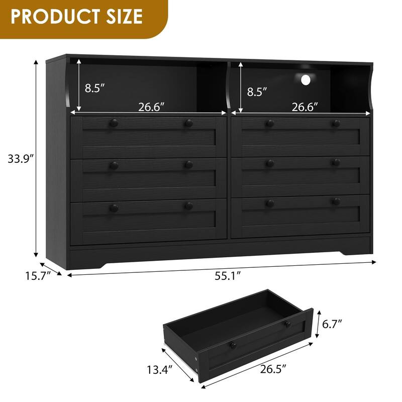 6 Drawer Dresser for Bedroom, 55" Wood Chest of Drawers with Charging Station, LED Lights and 2 Storage Compartments