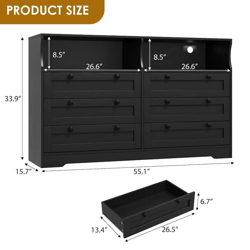 6 Drawer Dresser with RGB LED Lights & Power Outlet