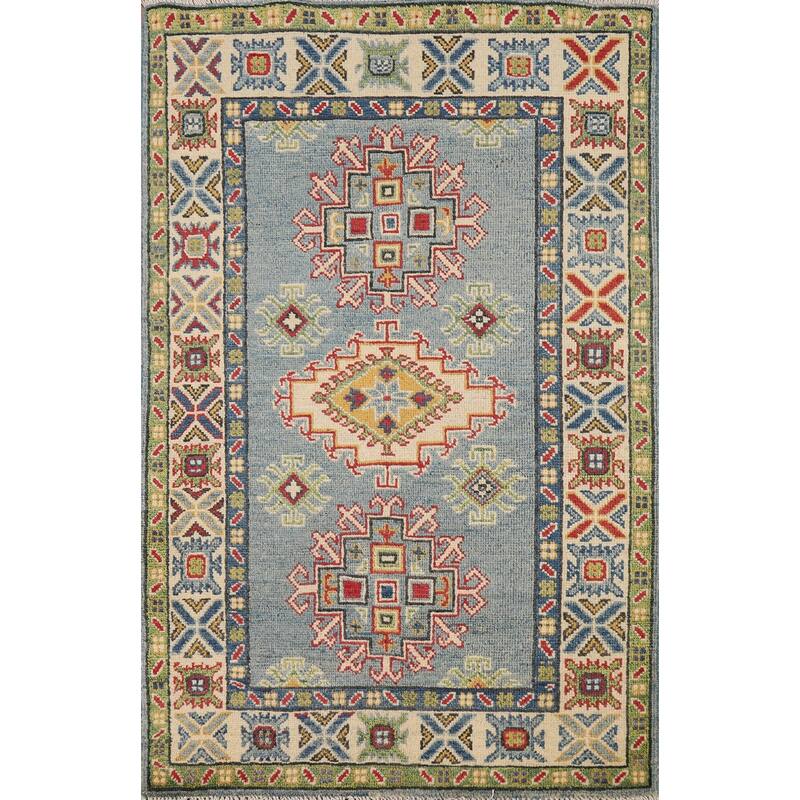 Blue Geometric Kazak Foyer Rug Oriental Handmade Wool Carpet - 2'8"x 4'1"