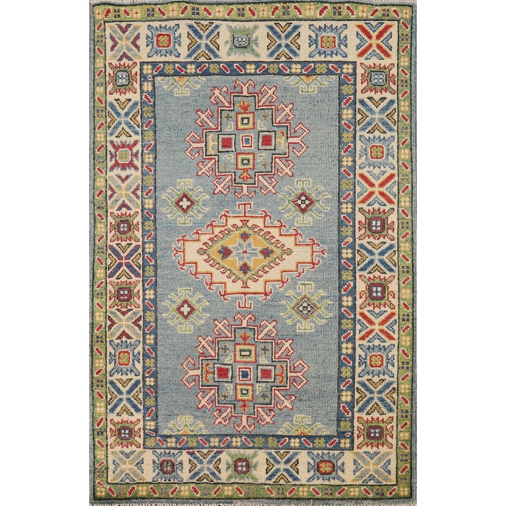 Blue Geometric Kazak Foyer Rug Oriental Handmade Wool Carpet - 2'8"x 4'1"