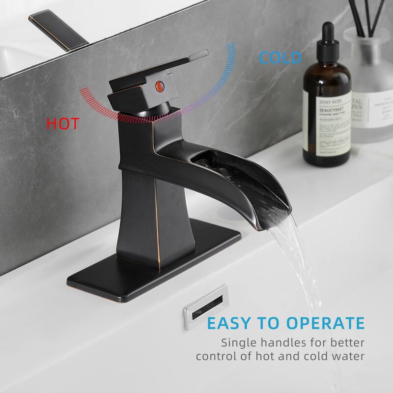 Modern Single Handle Waterfall Bathroom Sink Faucet with Pop Up Drain and Supply Line, Corrosion and Rust Resistant