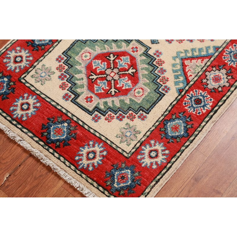 Traditional Kazak Rug Hand-Knotted Oriental Beige Wool Carpet - 2'0"x 3'0"