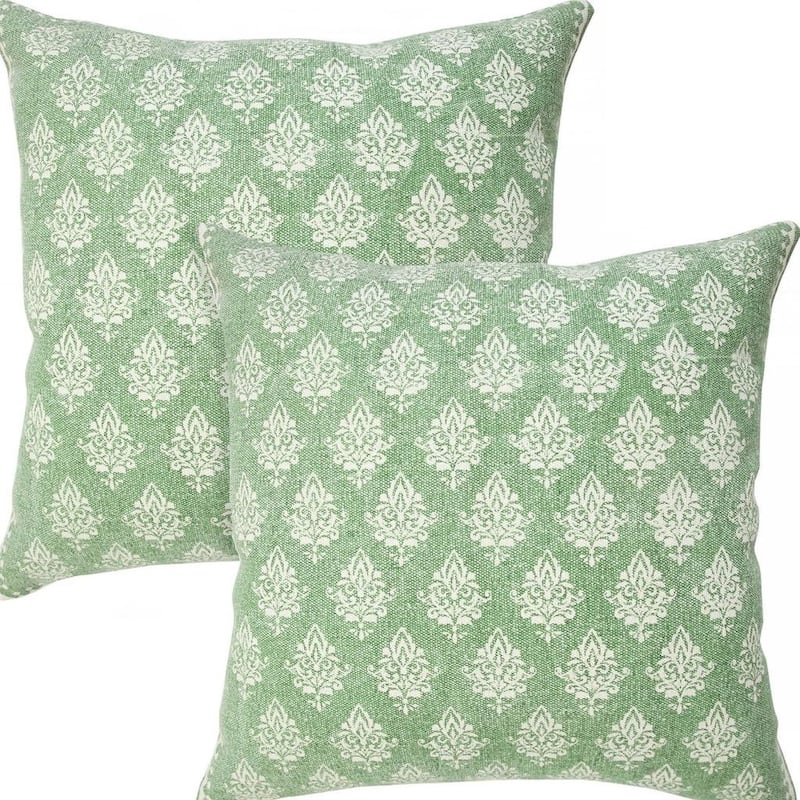 HomeRoots Set of Two 20" Green And Off White Damask Cotton Throw Pillows