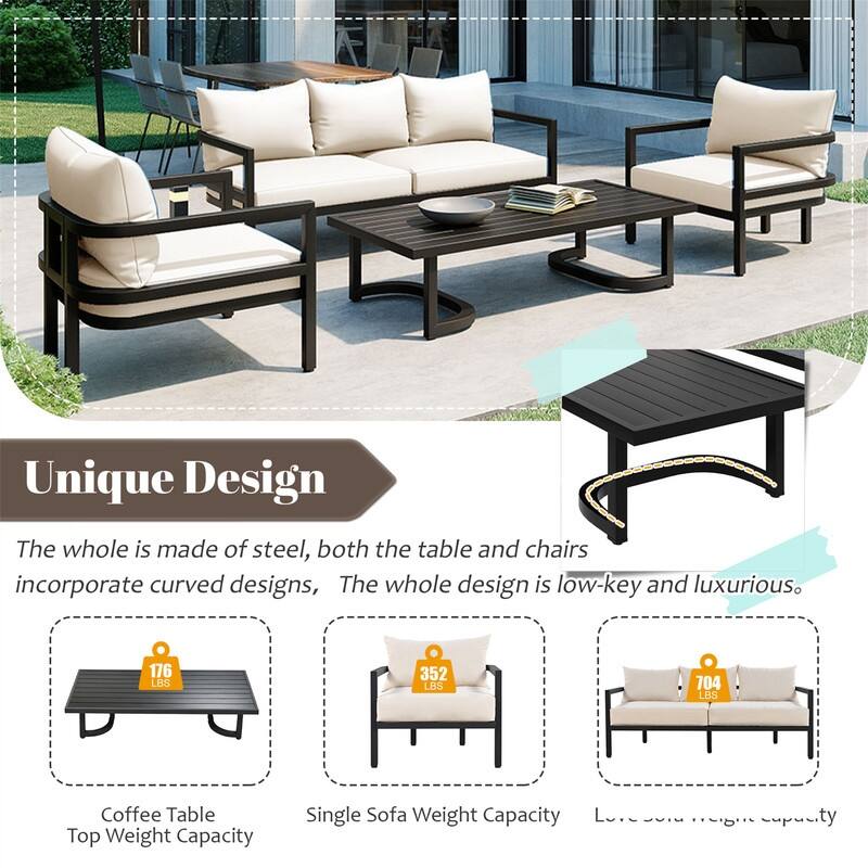 4-Piece Patio Furniture Set, Outdoor Sectional Sofa Set Steel Conversation Set with Loveseat, 2 Armchairs and Coffee Table