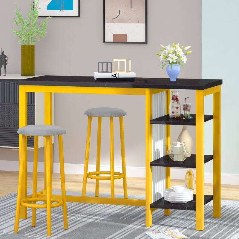 Bar Table Set with Storage Shelves, Faux Marble Breakfast Table with 2 Velvet Stools for Kitchen/Dinning Room/Living Room/Studio