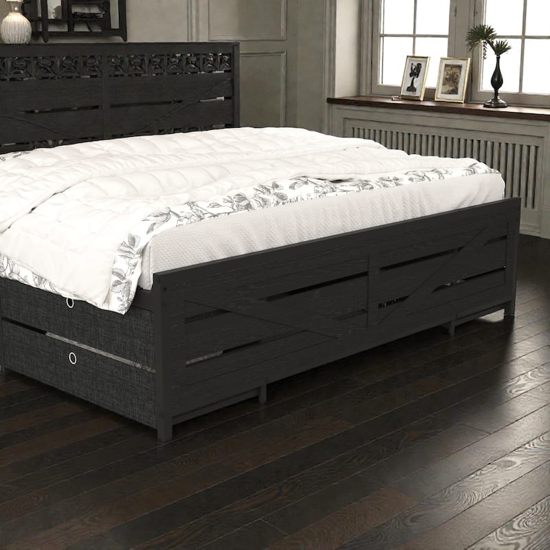 Full Size Bed Frame with Storage Headboard and 12 Drawers, LED Lights, Metal Platform Bed No Box Spring