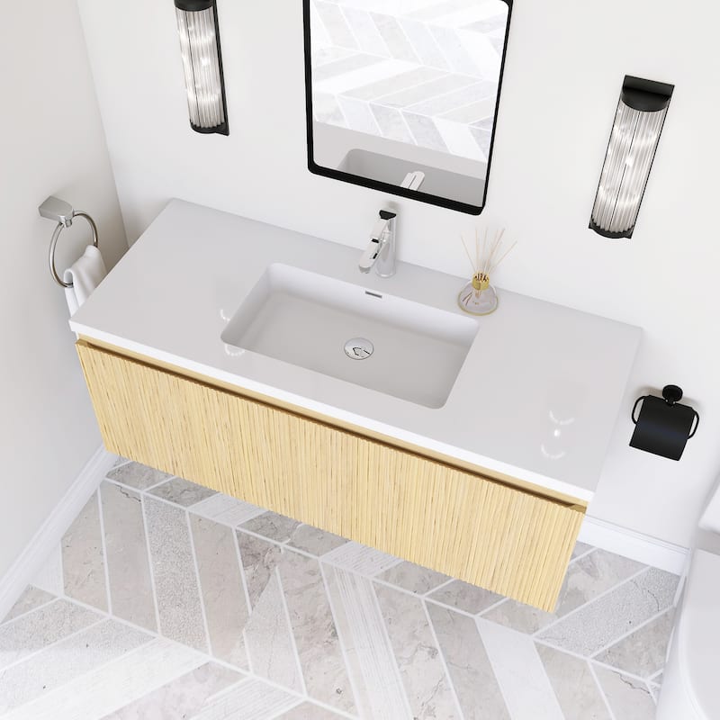 Floating Bathroom Vanity in Yellow Oak with Integrated Resin Top