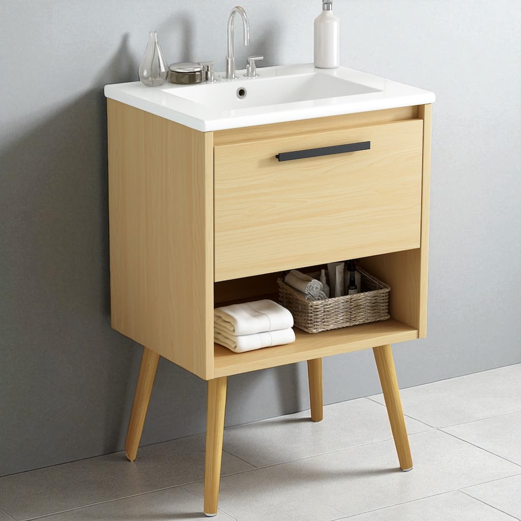 24" Bathroom Vanity with Ceramic Sink, Multi-functional Cabinet with Drawer, MDF & Solid Wood, Natural Finish