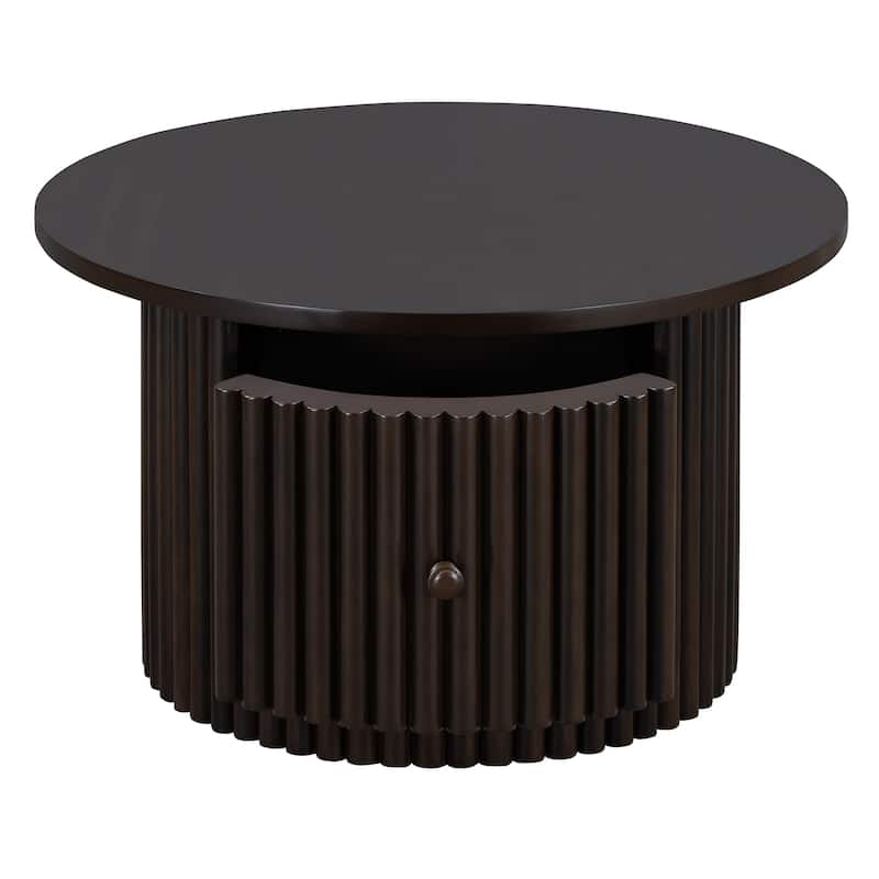 Round Coffee Table for Living Room in Natural, Farmhouse Coffee Table with a Drawer, Center Table with Vertical Slat Base