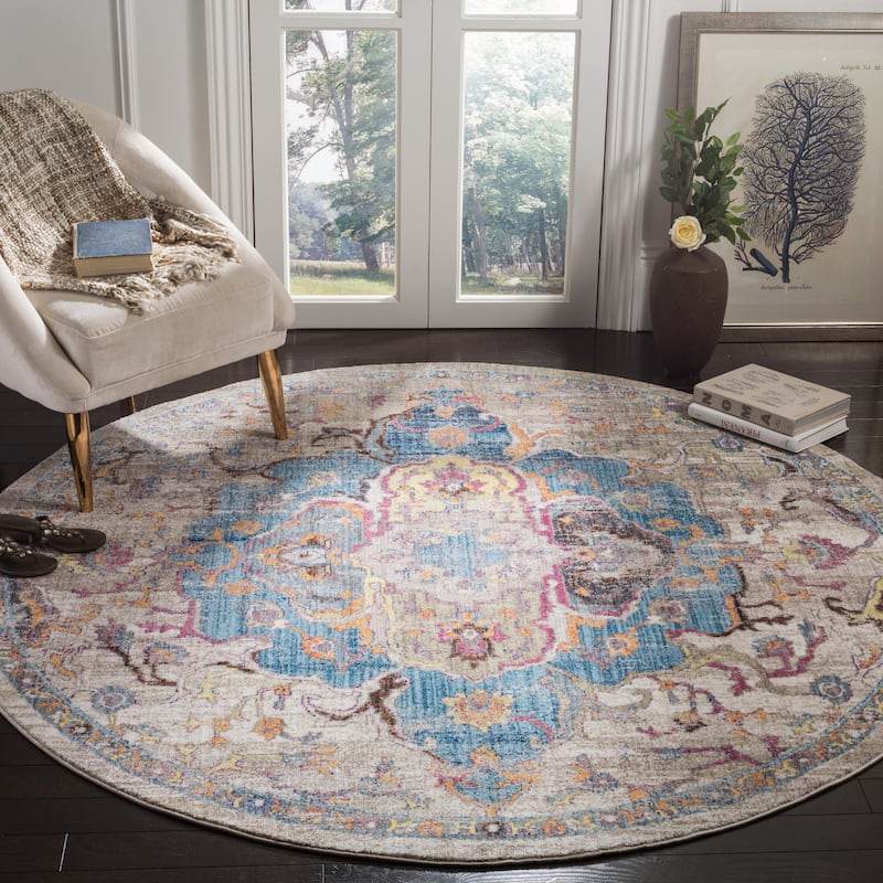 SAFAVIEH Bristol Dilek Vintage Boho Oriental Polyester Rug - 7' Round - Blue/Light Grey