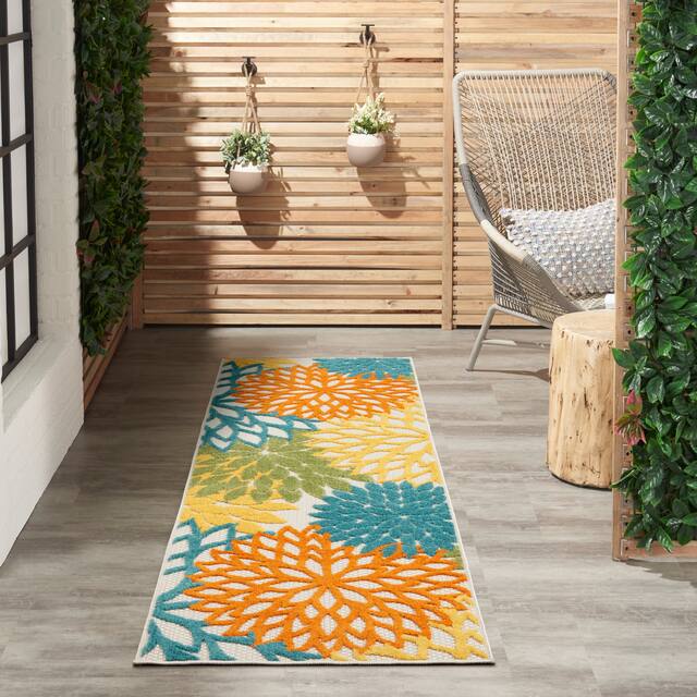 Nourison Aloha Floral Modern Indoor/Outdoor Area Rug - 2'3" x 8' Runner - Turquoise Multicolor