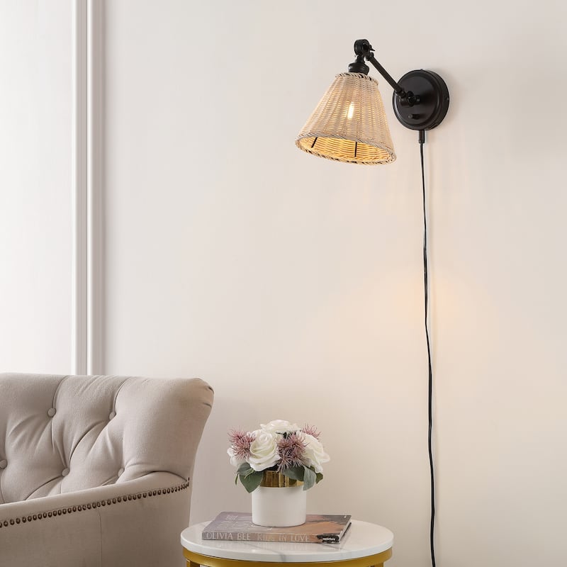 SAFAVIEH Lighting Oswynn Wall Sconce (Set of 2) - Black/Natural Rattan - 8"W x 15"D x 10"H